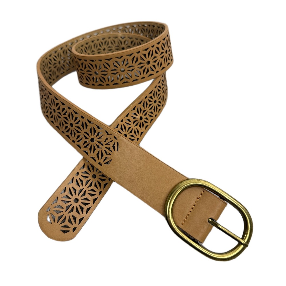 LB Blue Belt Womens Medium Tan Geometric Laser Cut Floral Leather Brass Buckle